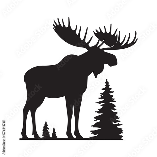 Vector black silhouette moose with horns, deer silhouette vector illustration, silhouette moose animal full body black color only photo