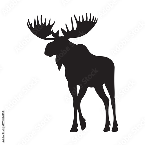 Vector black silhouette moose with horns, deer silhouette vector illustration, silhouette moose animal full body black color only photo