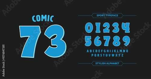 Comic 73: Striking blue number design with bold comic flair on an orange-red backdrop. Ideal for custom sports jerseys and racing numbers. Vector format.