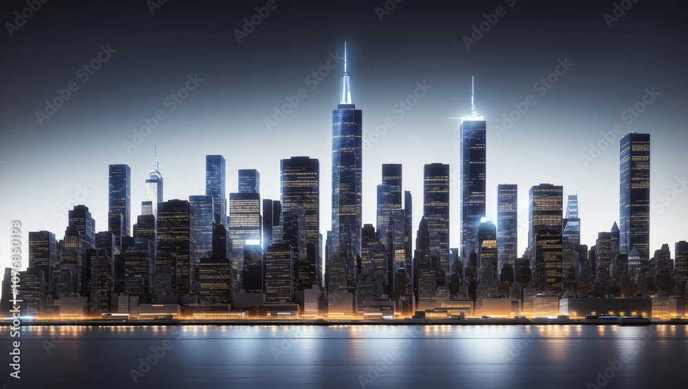 A city skyline, likely New York City, with tall buildings reflected in the water at twilight.