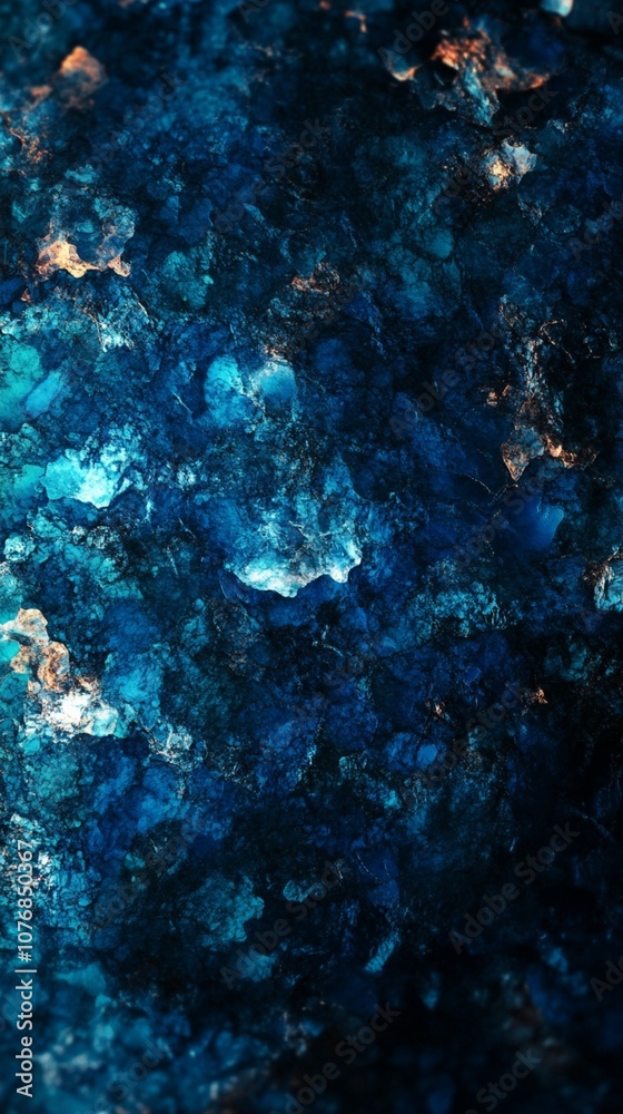 Obraz premium Abstract cosmic texture with deep blue hues and glowing specks reminiscent of a nebula or underwater scene, evoking mystery and wonder in a macro view.