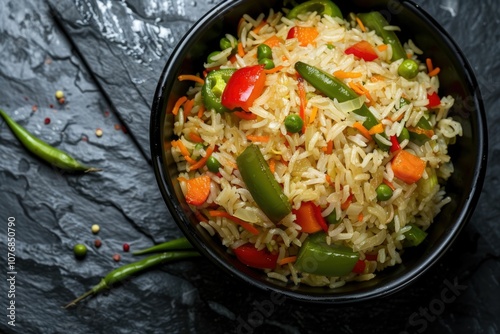 Vegetarian Szechuan Fried Rice in black bowl  top view. photo