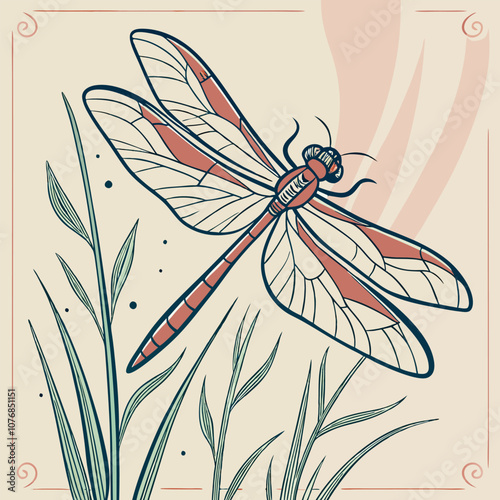 A detailed illustration of a dragonfly in flight, surrounded by tall blades of grass. The insect is depicted in a vintage style, with delicate lines and warm colors.