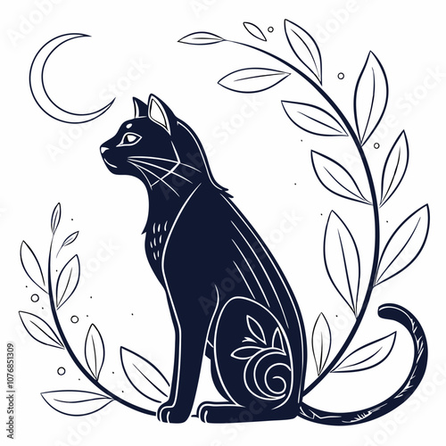 A black cat silhouette with intricate floral patterns, framed by crescent moon and foliage, evoking a mystical and enchanting atmosphere. Perfect for tattoo design, gothic art.