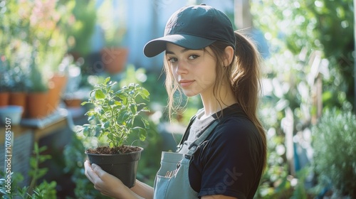 Wallpaper Mural Young woman in a baseball cap and overalls joyfully tending to potted plants in a lush outdoor garden, streaming her gardening session with greenery and nature surrounding her. Torontodigital.ca
