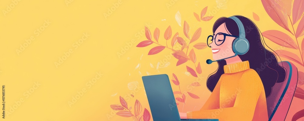 A woman with headphones is smiling while using a laptop, surrounded by a vibrant, autumn-inspired background filled with leaves.