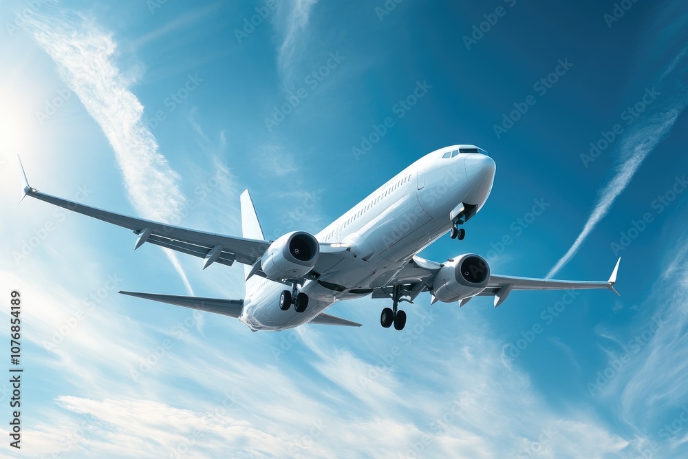 Obraz premium White airplane flying through a blue sky with white wispy clouds