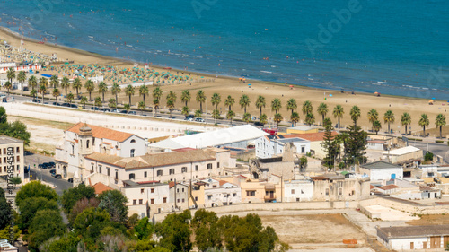 Aerial view of the city beach of Barletta, Puglia, Italy. It is a sandy beach on the Adriatic Sea.