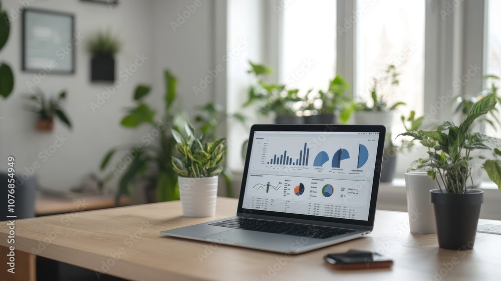 A laptop displaying data analytics charts in a plant-filled workspace. A laptop displaying data analytics charts in a plant-filled workspace.