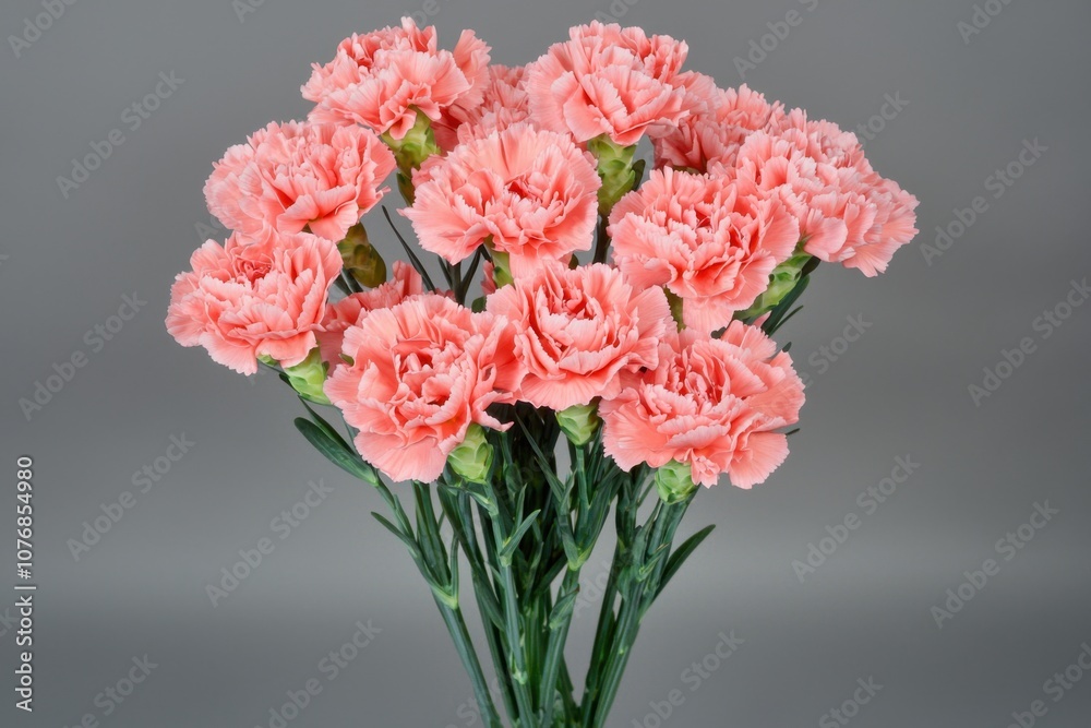 A bouquet of pink carnations arranged beautifully against a neutral background. A bouquet of pink carnations arranged beautifully against a neutral background.
