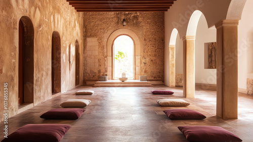 Spiritual retreats set in a peaceful monastery or ashram, with quiet spaces for meditation and reflection