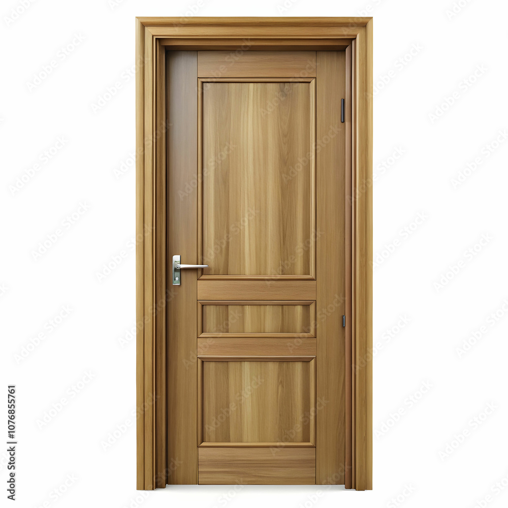A rustic wood door isolated on a white background, showcasing its natural grain and texture. A rustic wood door isolated on a white background, showcasing its natural grain and texture.