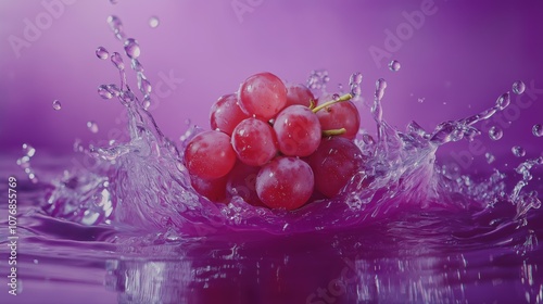 A cluster of shiny red grapes is dropped into water, creating a dynamic splash. The background is a bright purple, enhancing the freshness and energy of the moment.