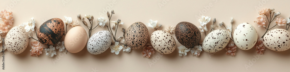 Decorative Easter eggs arranged with dried flowers on a light background for a spring-themed celebration. Generative AI