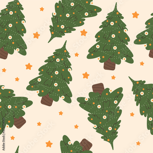 Seamless pattern with Christmas trees. Vector holiday illustration with firs with ornament in pot, Xmas spruce with festive decoration, tree decorated with garlands. Flat vector illustration