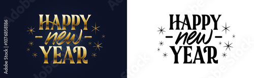 Happy New Year Gold and Black Starburst Typography Design