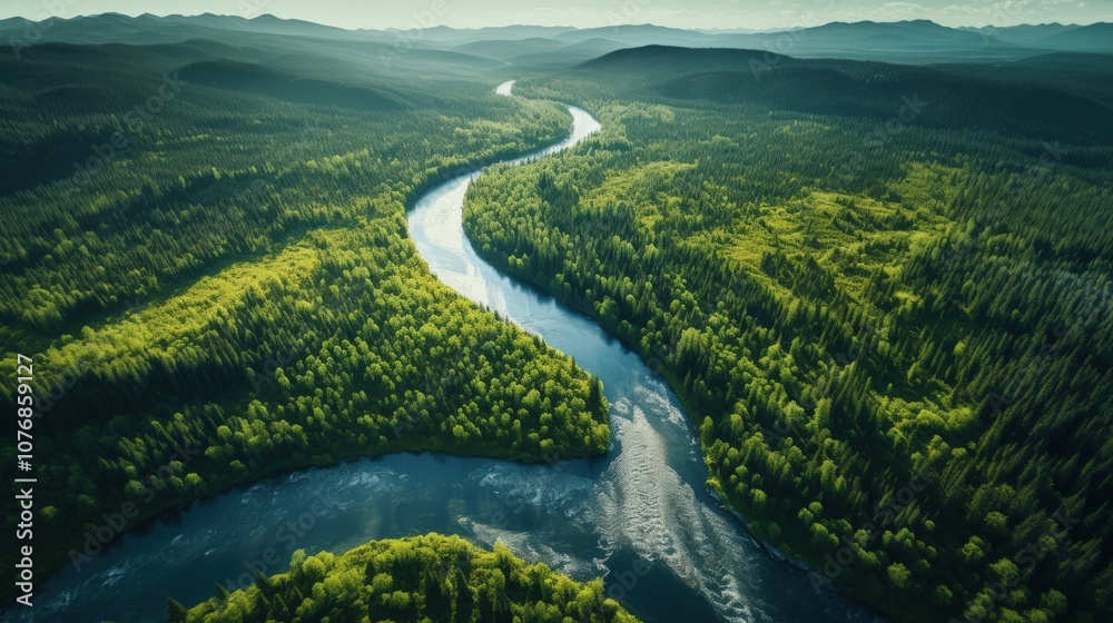 Aerial View of a River Winding Through Dense Forest Aerial View of a River Winding Through Dense Forest