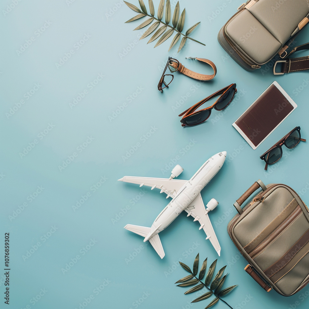 Travel essentials airplane, bags, sunglasses, passport, and Palm Leaves the image suggests a trip or vacation. Travel essentials airplane, bags, sunglasses, passport, and Palm Leaves the image suggests a trip or vacation.