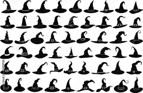 Witch hat or magic hat silhouettes set vector illustrations
