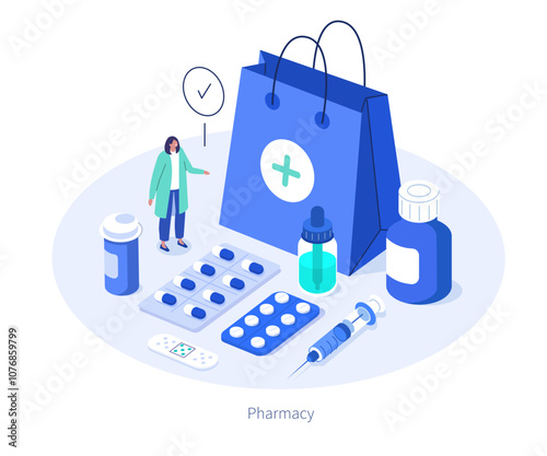 Doctor pharmacist in drugstore buying pills, bottles, medications, medical supplies. Pharmacy store and online medicine concept. Flat isometric vector illustration.