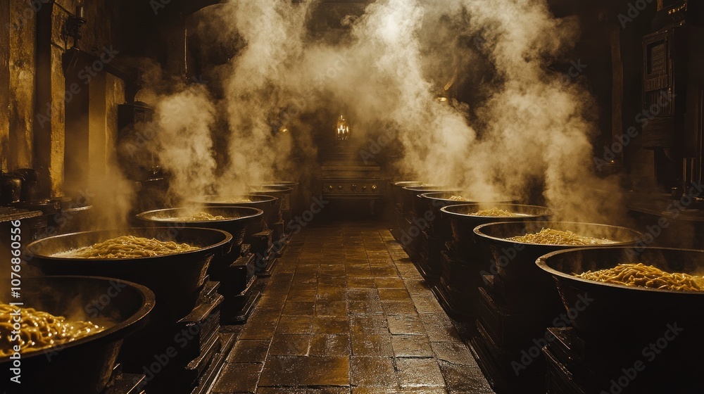Rows of large cooking pots steaming in a dimly lit room.