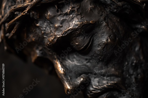 close-up of the crown of thorns on the head of the statue of Christ