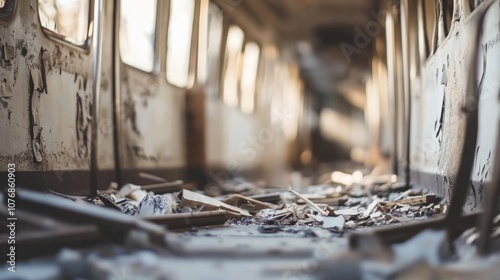 Train car interior in ruins with shattered windows and debris, symbolizing the aftermath of a bombing, focusing on the destruction with a shallow depth of field.