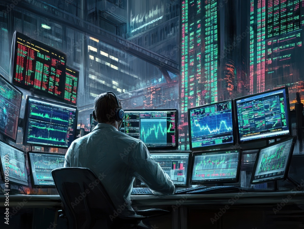 A trader in a bustling stock exchange monitors multiple screens displaying market data, emphasizing the high-stakes environment of financial trading. A trader in a bustling stock exchange monitors multiple screens displaying market data, emphasizing the high-stakes environment of financial trading.