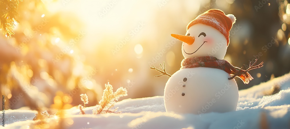 Obraz premium Small Snowman in Cozy Winter Attire with Red Christmas Ornament.