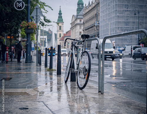 parking bicycle on the rainy street