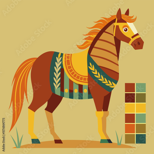 Geometric horse illustration in vintage style with detailed saddle and bridle. Perfect for decorative prints, fabric design, and more.