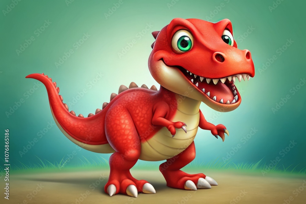 Fototapeta premium Vibrant Red Dinosaur Illustration for Children’s Books with Playful Expression, Sharp Teeth, and Strong Stance Perfect for Educational Materials and Creative Projects