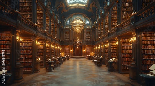 An ornate library with tall bookshelves, a grand chandelier, and rows of desks with open books.