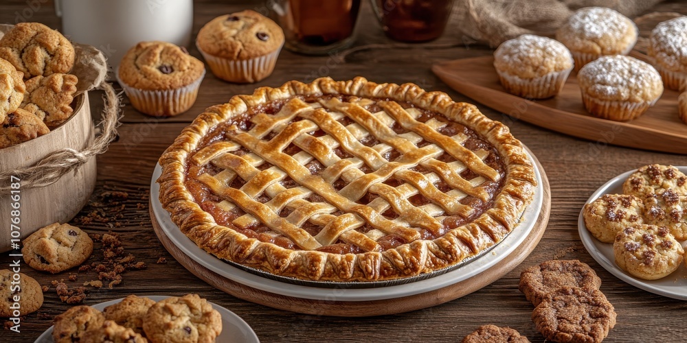 A perfectly baked apple pie with a lattice crust rests on a rustic wooden table. Nearby, various muffins and chocolate desserts create a cozy, inviting atmosphere perfect for dessert lovers. A perfectly baked apple pie with a lattice crust rests on a rustic wooden table. Nearby, various muffins and chocolate desserts create a cozy, inviting atmosphere perfect for dessert lovers.