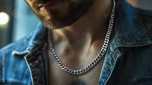 Man Wearing Silver Necklace with Chain Luxury Jewel

 photo