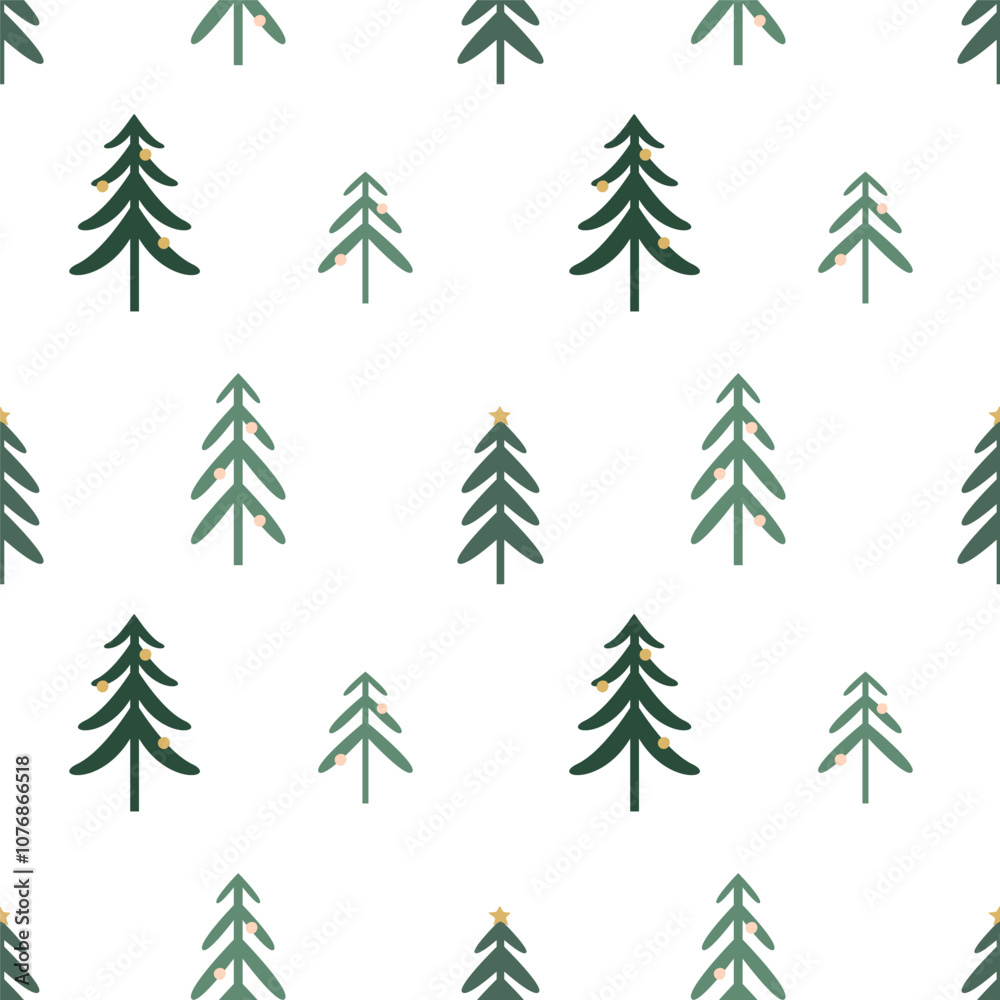 Obraz premium Seamless vector Christmas pattern with various fir trees on a white background.