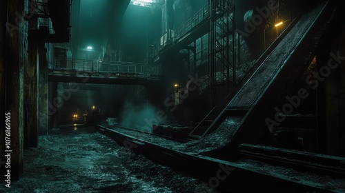 Coal Mine Operations, conveyor belts moving raw materials, dimly lit environment, industrial setting, focus on machinery and workflow