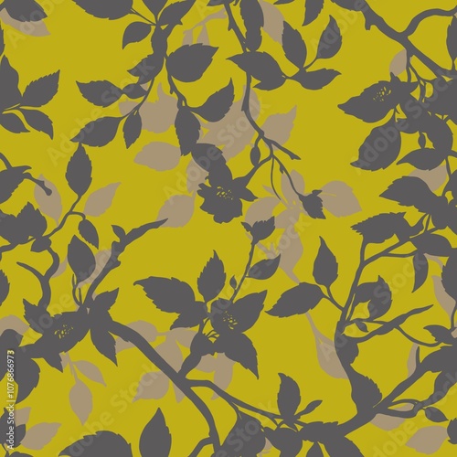 Foliage seamless pattern on a yellow and gwreen background. Branches with leaves in the shadows photo