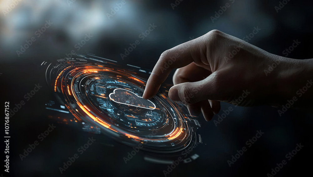 © Danila - A hand-touched infographic with iconography of cloud computing, technology, innovation, and big data transformation.
