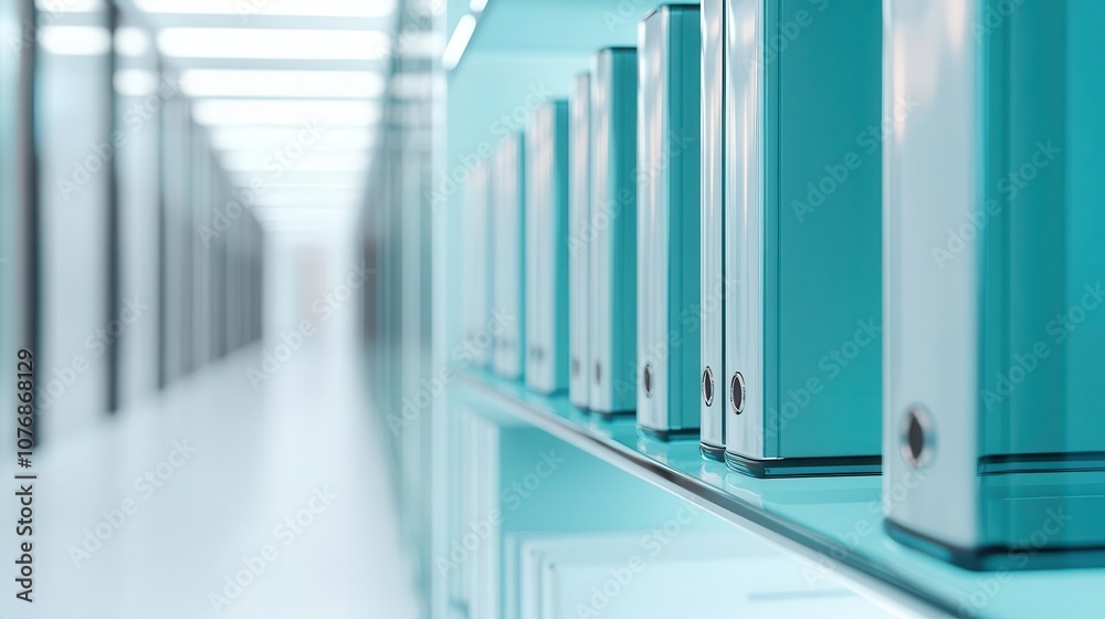 Fototapeta premium Open document storage shelf with frosted glass panels, adding a modern touch to a sleek office environment