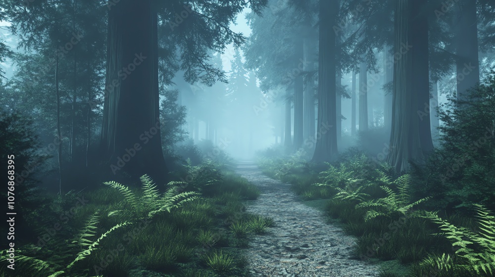 Obraz premium Realistic painting of a misty redwood forest in the early morning, soft light highlighting ferns and a quiet path winding through, with white tones for clarity