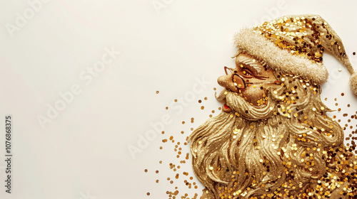 Santa silhouette made of gold sequins on a white paper background.