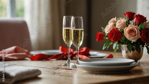 Glasses of champagne, engagement ring and flowers on dining table in room decorated for Valentine's day