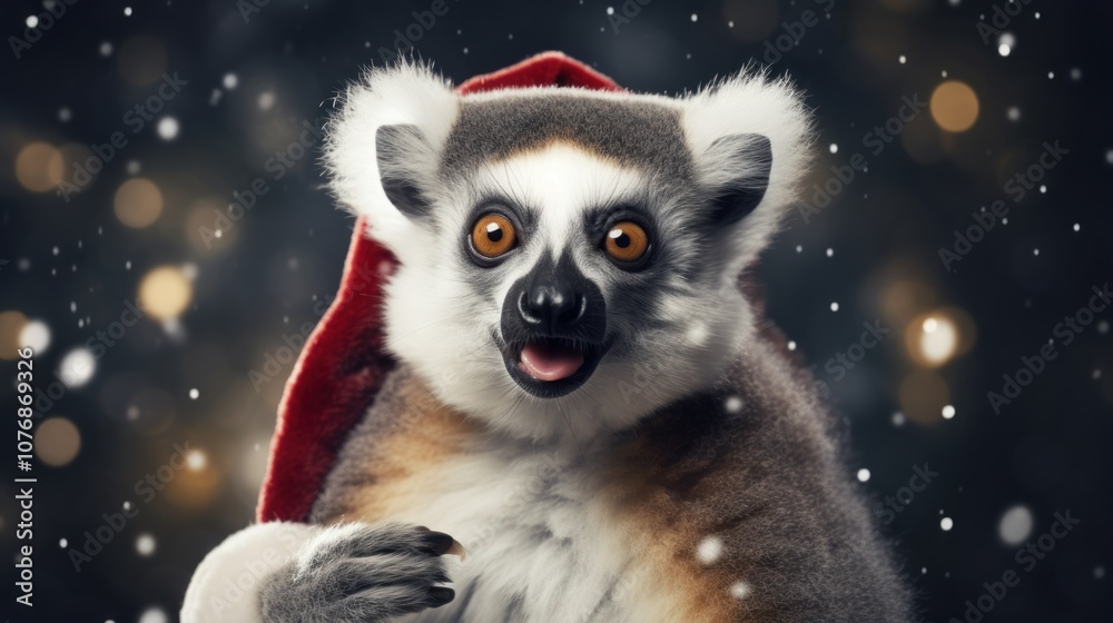 Fototapeta premium Christmas holidays concept. Cute lemur in Santa red hat.