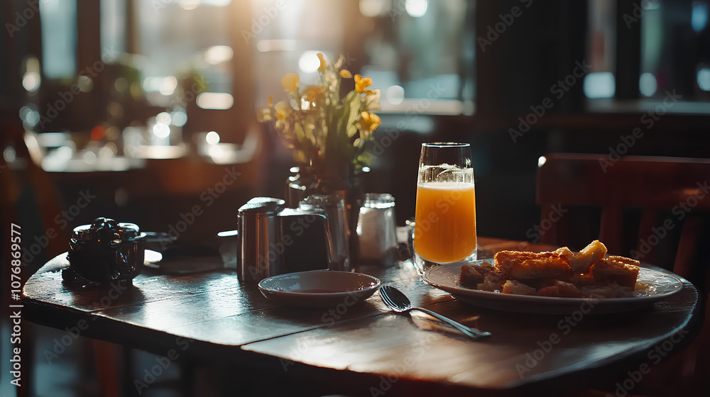 A glass of orange juice, a plate of pastry, and a cup of coffee on a wooden table in a cafe. A glass of orange juice, a plate of pastry, and a cup of coffee on a wooden table in a cafe.