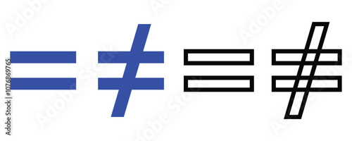 Math sign symbol, equal and not equal math sign icon vector isolated on white background.