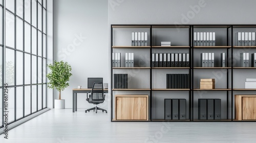 Modular glassfront document storage shelves with metal framing, offering a modern, streamlined office solution photo