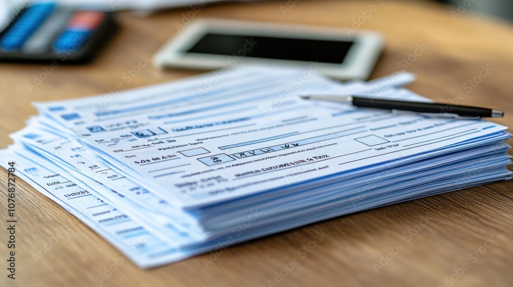 Obraz premium Stack of tax forms on a desk with a pen and a smartphone.