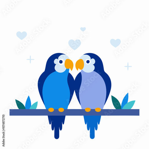 Two blue and white parrots sitting on a branch with hearts in the background. The parrots are looking at each other and seem to be in love