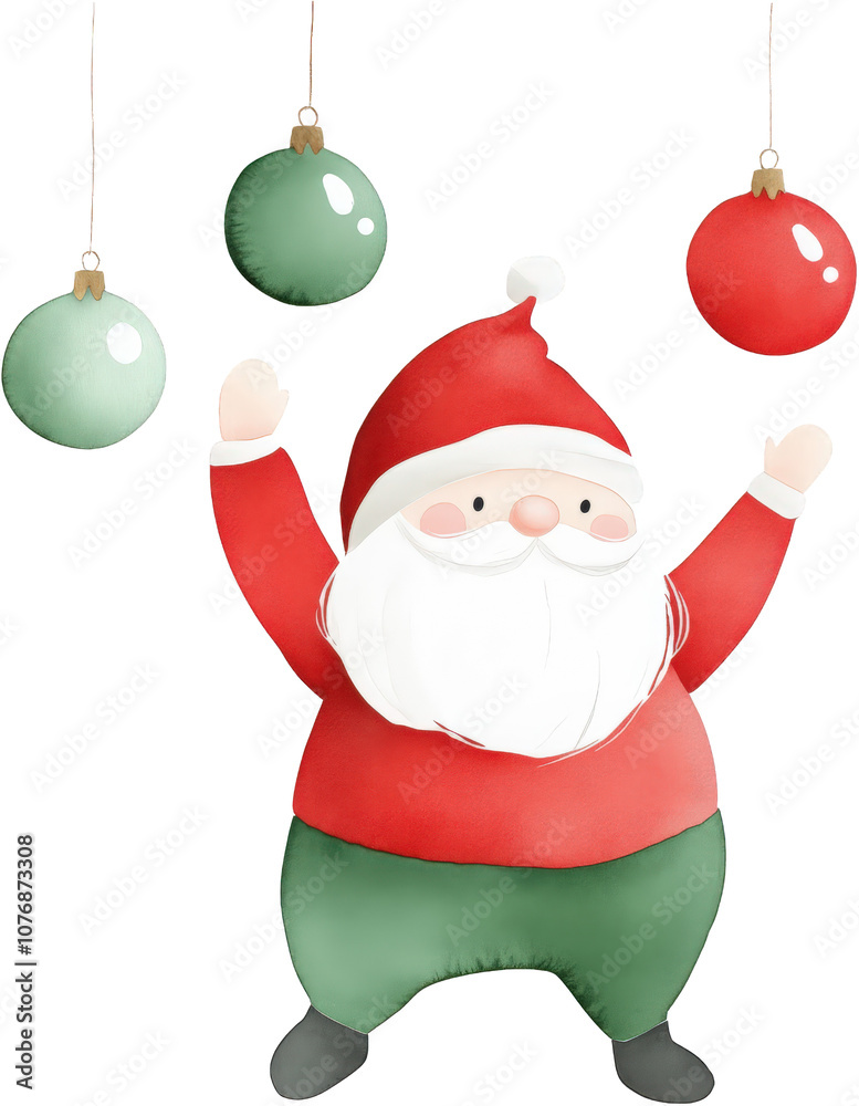 Fototapeta premium A joyful Santa Claus character wearing a red outfit, celebrating with colorful holiday ornaments.